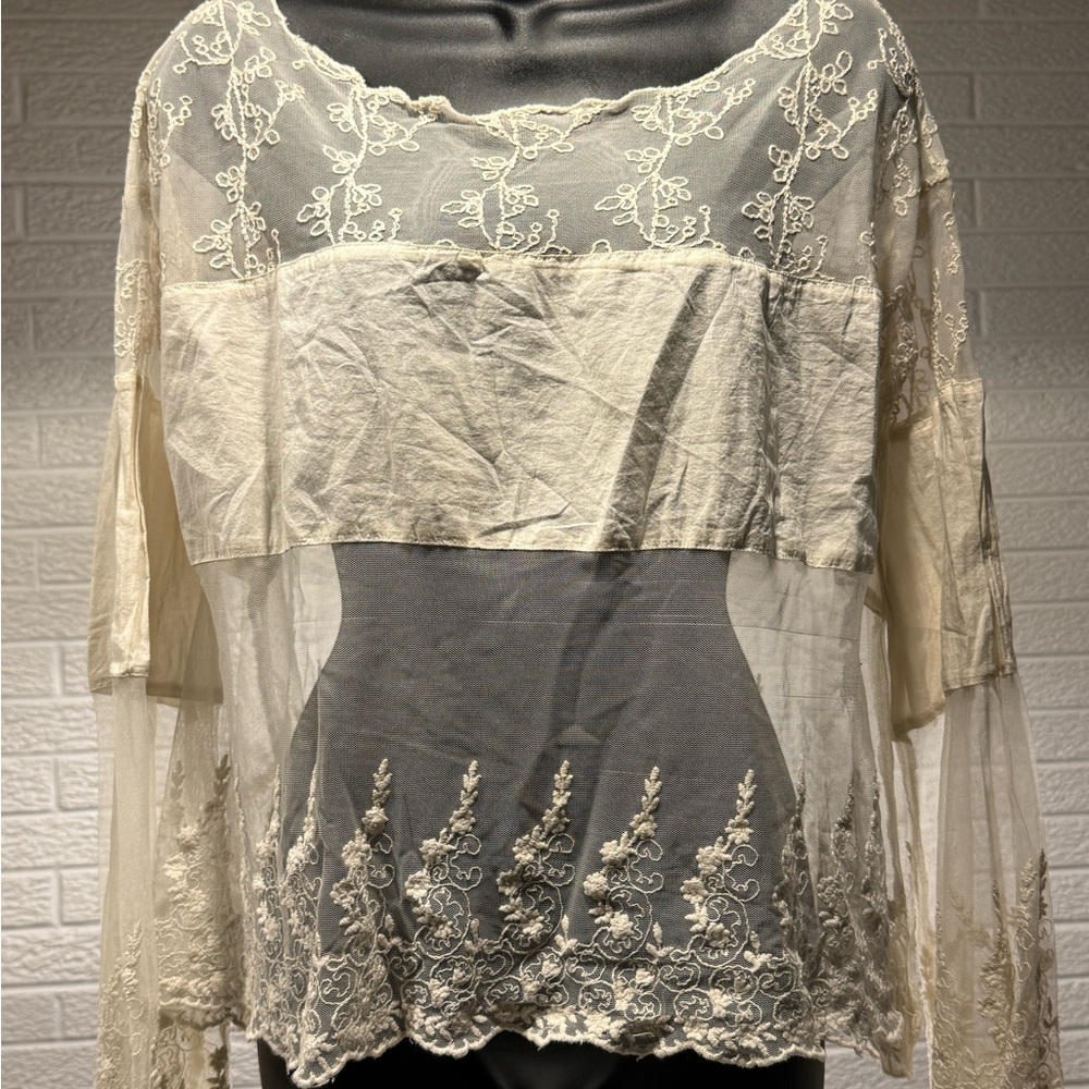 Free People Cream Sheer Lace Blouse